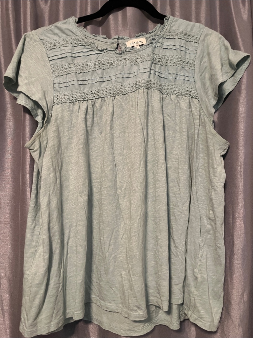 Ella Moss Pale Blue Pintuck Lace Yoke Short Sleeve Top